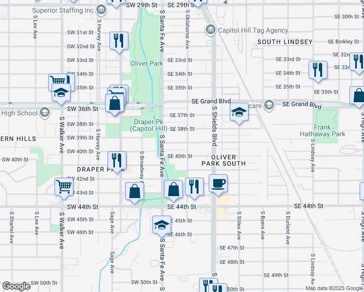 map of restaurants, bars, coffee shops, grocery stores, and more near 45 Southeast 39th Street in Oklahoma City