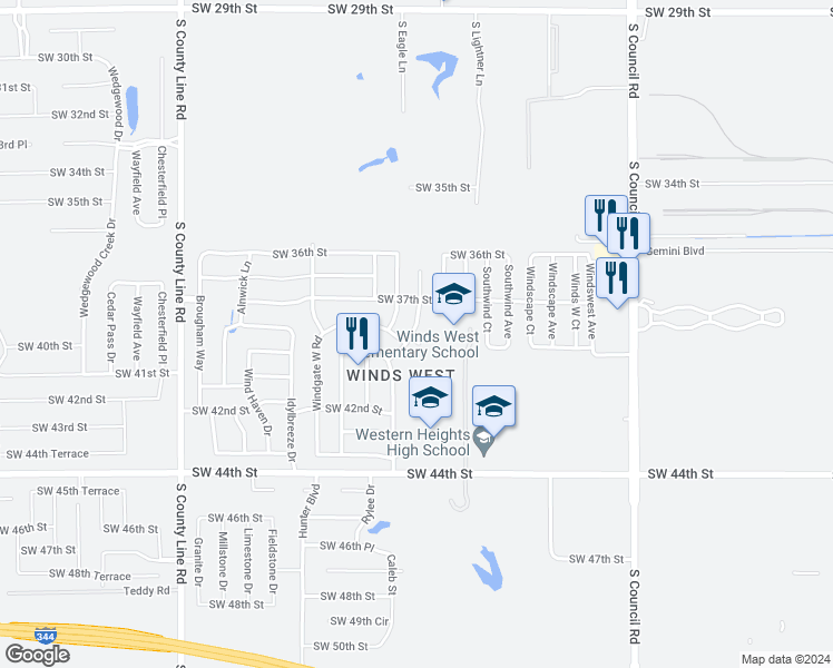 map of restaurants, bars, coffee shops, grocery stores, and more near 3812 Western Heights Avenue in Oklahoma City
