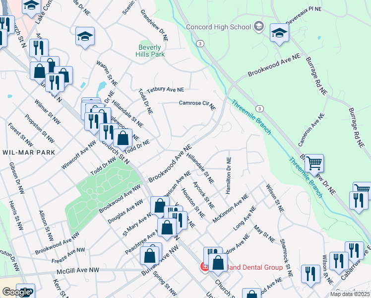 map of restaurants, bars, coffee shops, grocery stores, and more near 130 Brookwood Avenue Northeast in Concord
