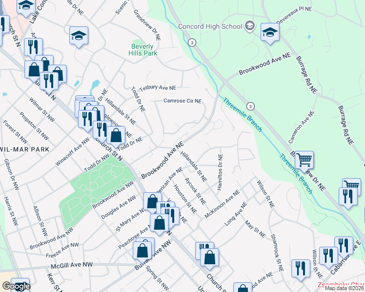 map of restaurants, bars, coffee shops, grocery stores, and more near 151 Brookwood Avenue Northeast in Concord