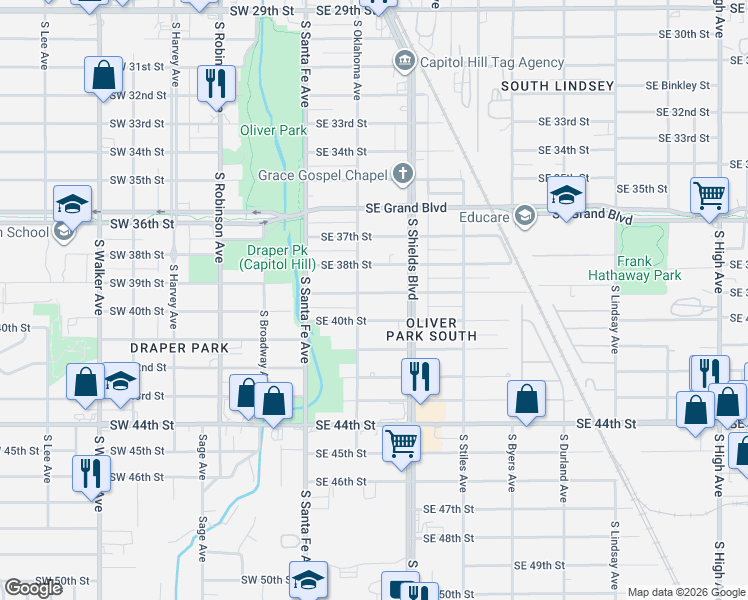 map of restaurants, bars, coffee shops, grocery stores, and more near 129 Southeast 39th Street in Oklahoma City