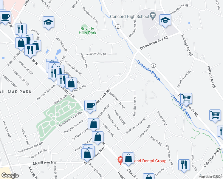 map of restaurants, bars, coffee shops, grocery stores, and more near 132 Brookwood Avenue Northeast in Concord