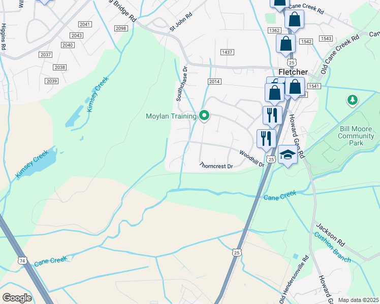 map of restaurants, bars, coffee shops, grocery stores, and more near 46 Southchase Drive in Fletcher
