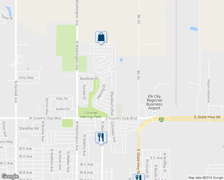 map of restaurants, bars, coffee shops, grocery stores, and more near 150 Blackburn Boulevard in Elk City