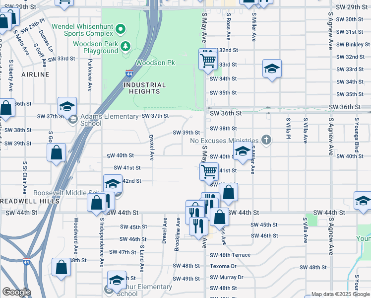 map of restaurants, bars, coffee shops, grocery stores, and more near 4020 Brookline Avenue in Oklahoma City