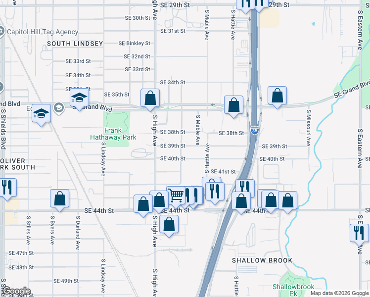 map of restaurants, bars, coffee shops, grocery stores, and more near 3917 South Magnolia Avenue in Oklahoma City