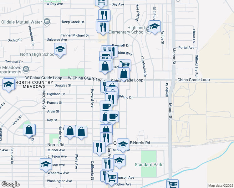 map of restaurants, bars, coffee shops, grocery stores, and more near 2102 North Chester Avenue in Bakersfield