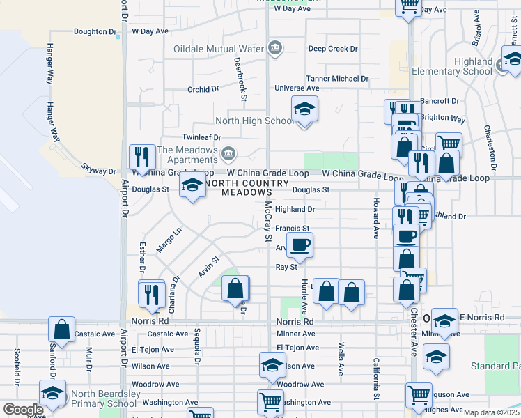 map of restaurants, bars, coffee shops, grocery stores, and more near 517 Douglas Street in Bakersfield