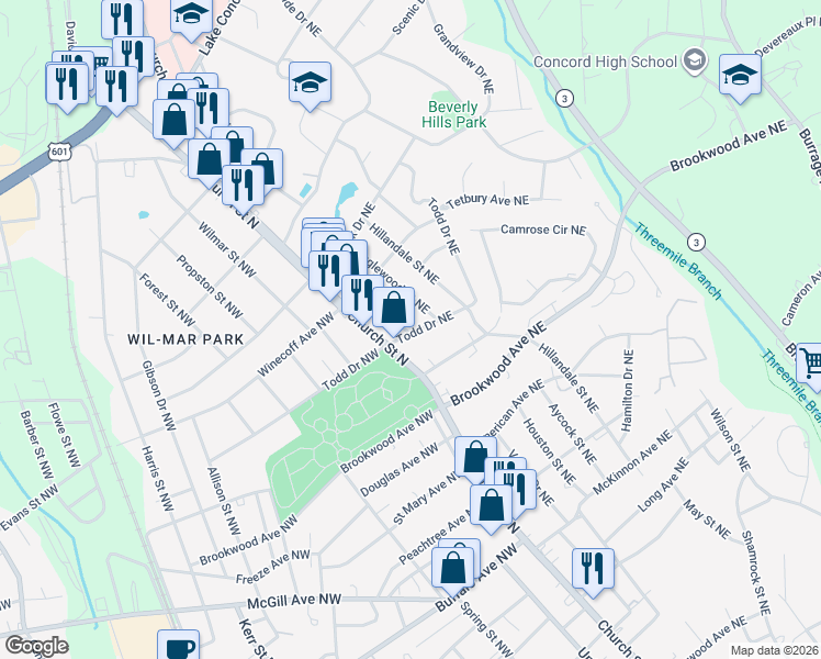 map of restaurants, bars, coffee shops, grocery stores, and more near 536 Hyde Park Drive Northeast in Concord