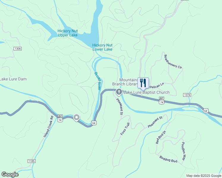 map of restaurants, bars, coffee shops, grocery stores, and more near 6852 US 64 74a Highway in Lake Lure