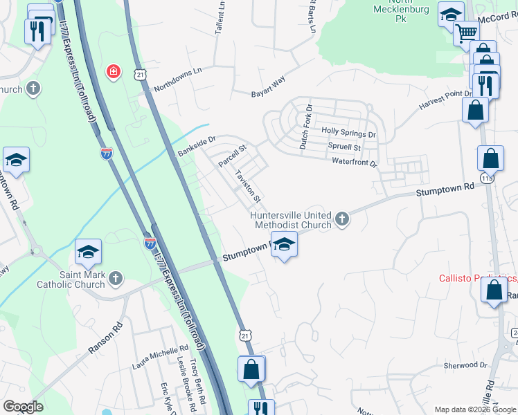 map of restaurants, bars, coffee shops, grocery stores, and more near 9805 Sunriver Road in Huntersville