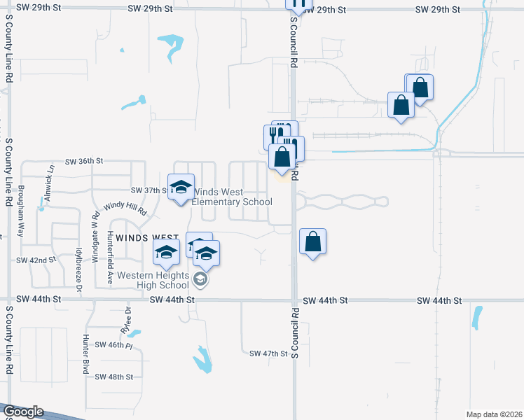 map of restaurants, bars, coffee shops, grocery stores, and more near 3812 Windswest Court in Oklahoma City
