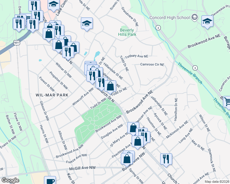 map of restaurants, bars, coffee shops, grocery stores, and more near 536 Hyde Park Drive Northeast in Concord