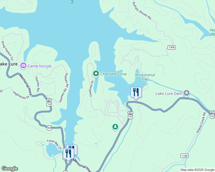 map of restaurants, bars, coffee shops, grocery stores, and more near 124 Rock Point Road in Lake Lure