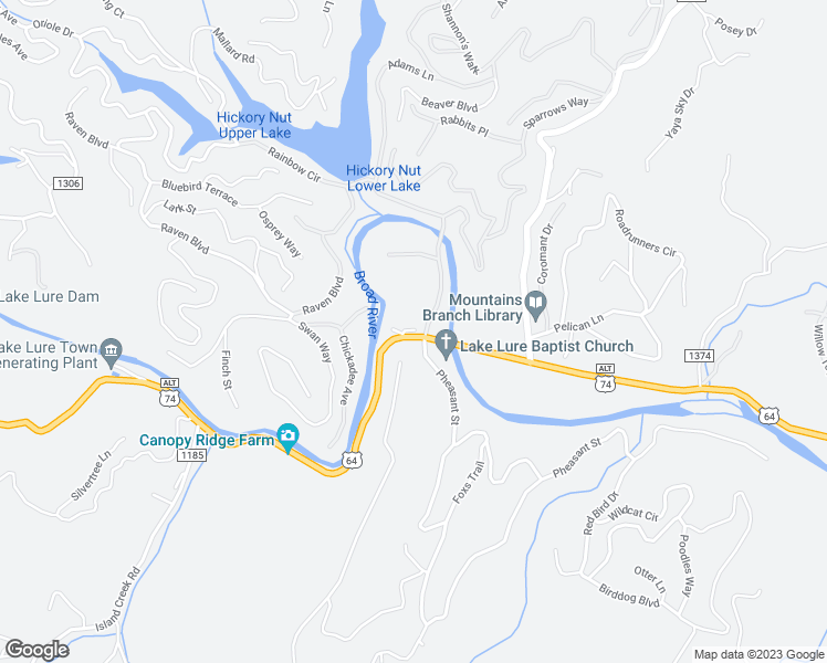 map of restaurants, bars, coffee shops, grocery stores, and more near 6852 US 64 74a Highway in Lake Lure