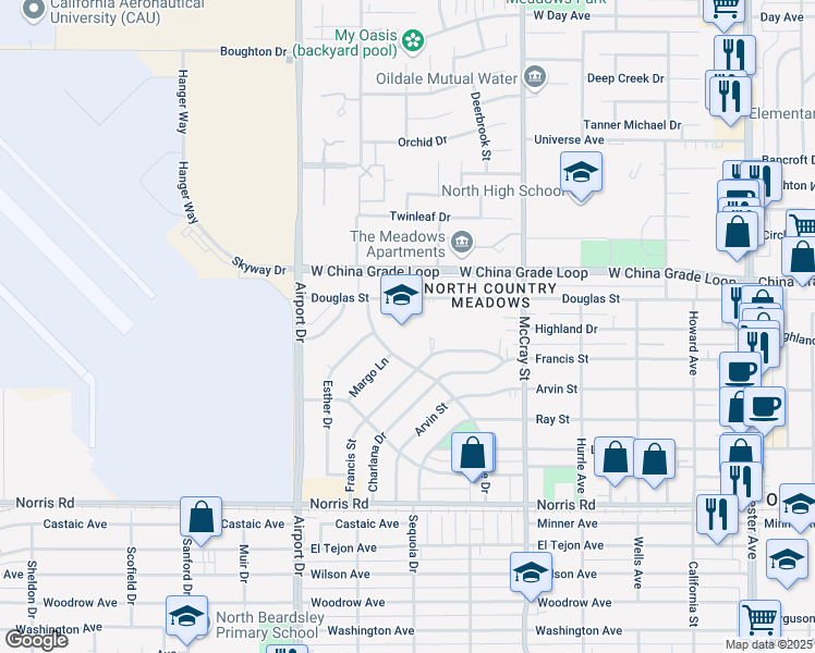 map of restaurants, bars, coffee shops, grocery stores, and more near 701 Douglas Street in Bakersfield
