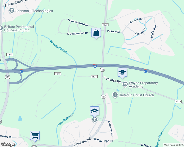 map of restaurants, bars, coffee shops, grocery stores, and more near 451 Tommys Road in Goldsboro