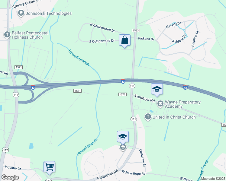 map of restaurants, bars, coffee shops, grocery stores, and more near 421 Tommys Road in Goldsboro