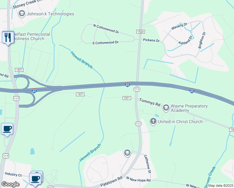 map of restaurants, bars, coffee shops, grocery stores, and more near 421 Tommys Road in Goldsboro