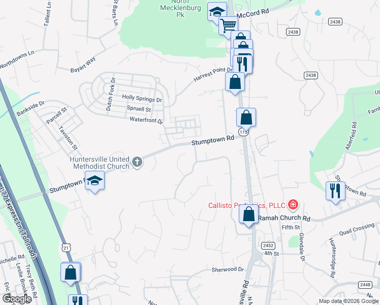 map of restaurants, bars, coffee shops, grocery stores, and more near 112 Steuben Drive in Huntersville