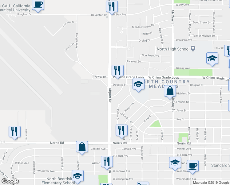 map of restaurants, bars, coffee shops, grocery stores, and more near 2113 Wingland Drive in Bakersfield