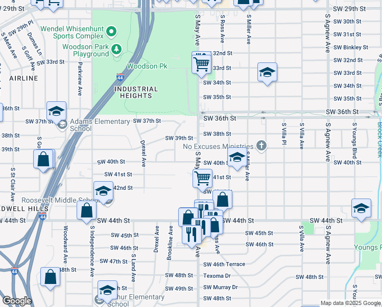 map of restaurants, bars, coffee shops, grocery stores, and more near 2904 Southwest 39th Terrace in Oklahoma City
