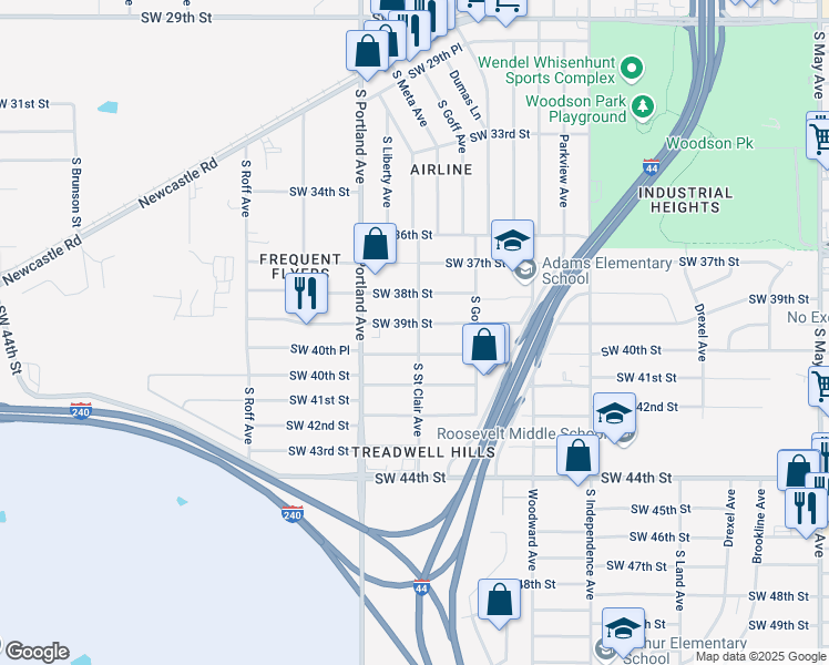 map of restaurants, bars, coffee shops, grocery stores, and more near 3564 Southwest 39th Street in Oklahoma City