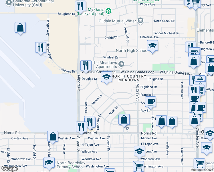 map of restaurants, bars, coffee shops, grocery stores, and more near 701 Douglas St in Bakersfield