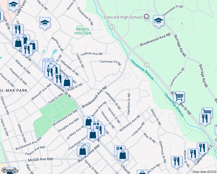 map of restaurants, bars, coffee shops, grocery stores, and more near 151 Brookwood Avenue Northeast in Concord