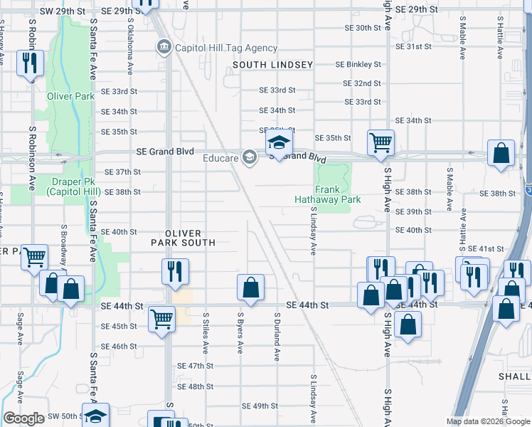 map of restaurants, bars, coffee shops, grocery stores, and more near 528 Southeast 39th Street in Oklahoma City