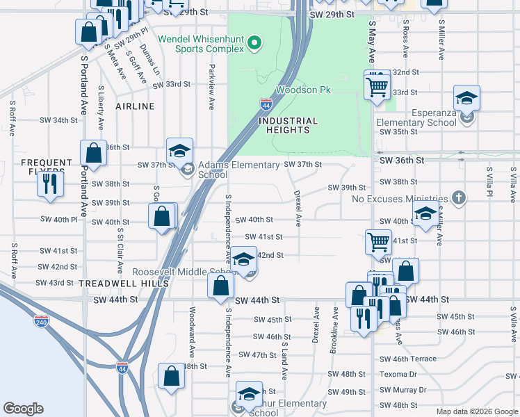 map of restaurants, bars, coffee shops, grocery stores, and more near 3144 Southwest 39th Street in Oklahoma City