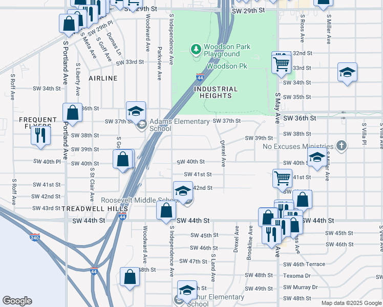 map of restaurants, bars, coffee shops, grocery stores, and more near 3220 Southwest 39th Street in Oklahoma City