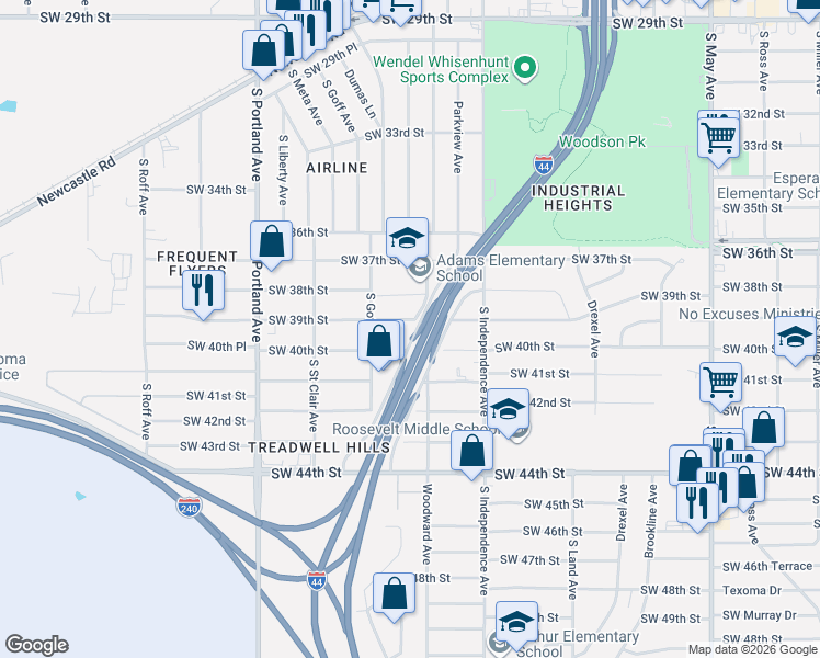map of restaurants, bars, coffee shops, grocery stores, and more near 3428 Southwest 39th Street in Oklahoma City