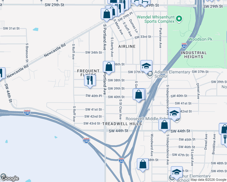 map of restaurants, bars, coffee shops, grocery stores, and more near 3624 Southwest 39th Street in Oklahoma City