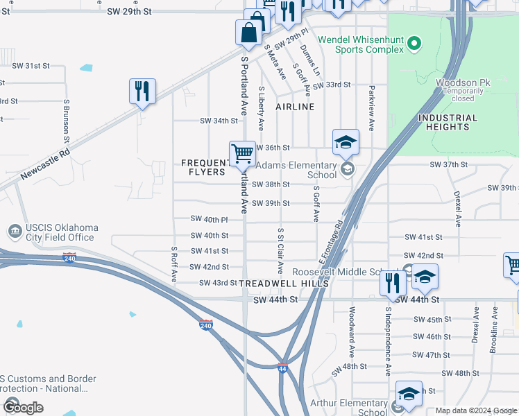 map of restaurants, bars, coffee shops, grocery stores, and more near 3624 Southwest 39th Street in Oklahoma City