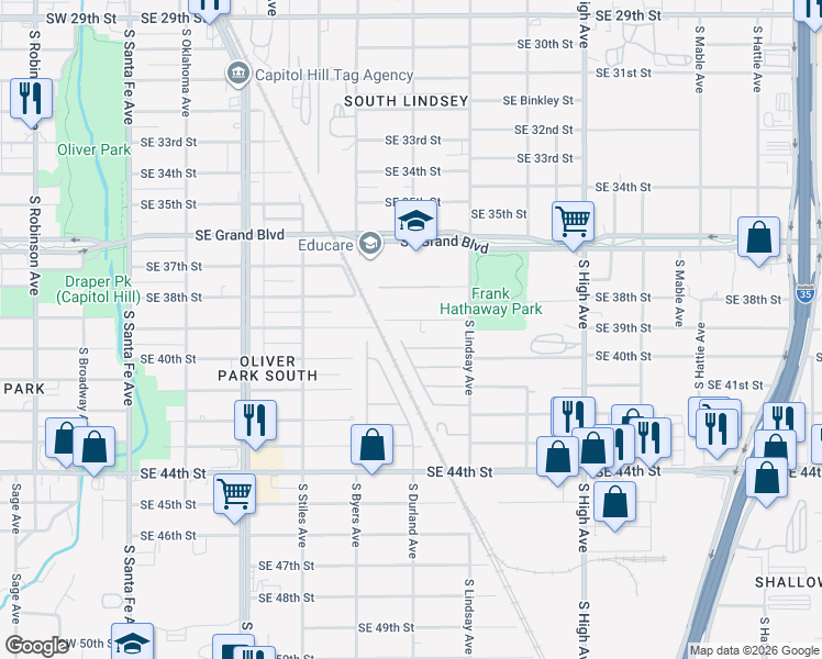 map of restaurants, bars, coffee shops, grocery stores, and more near 528 Southeast 39th Street in Oklahoma City