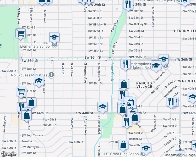 map of restaurants, bars, coffee shops, grocery stores, and more near 4001 South Youngs Boulevard in Oklahoma City