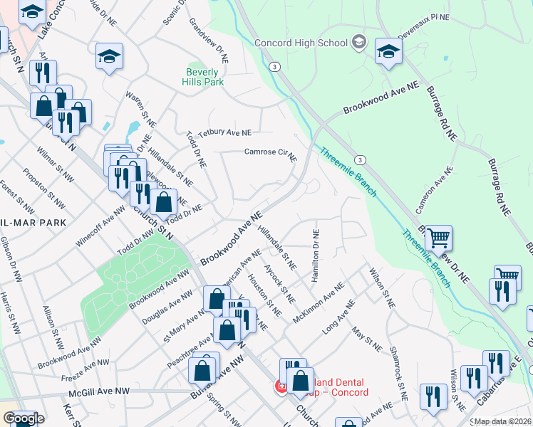 map of restaurants, bars, coffee shops, grocery stores, and more near 151 Brookwood Avenue Northeast in Concord