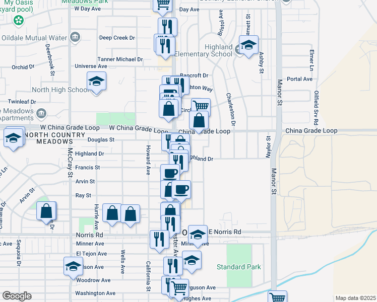 map of restaurants, bars, coffee shops, grocery stores, and more near 2103 Carrere Street in Bakersfield