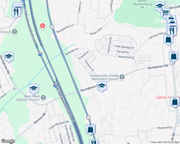 map of restaurants, bars, coffee shops, grocery stores, and more near 9805 Sunriver Road in Huntersville