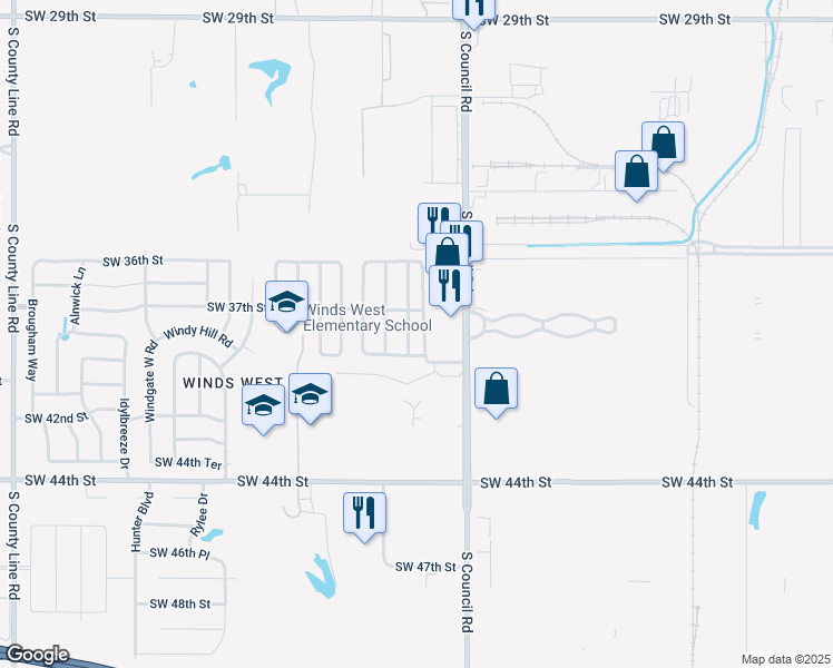 map of restaurants, bars, coffee shops, grocery stores, and more near 3816 Windswest Court in Oklahoma City