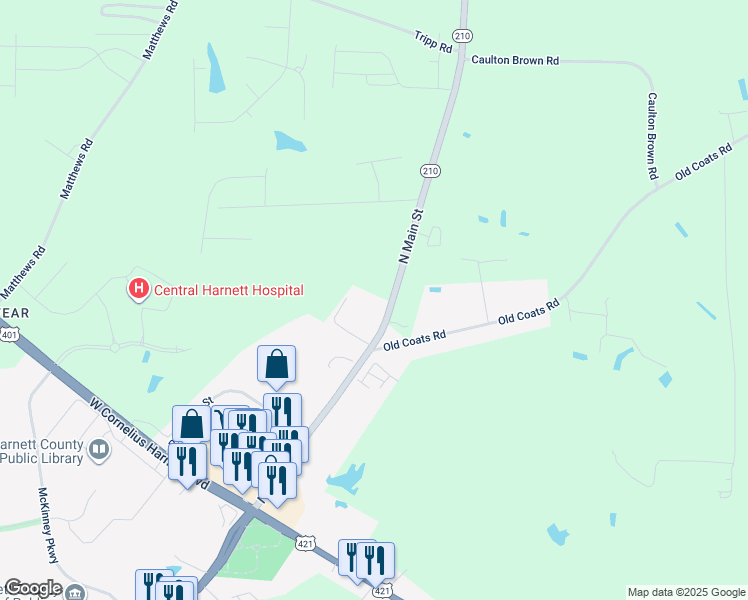 map of restaurants, bars, coffee shops, grocery stores, and more near 2077 North Main Street in Lillington