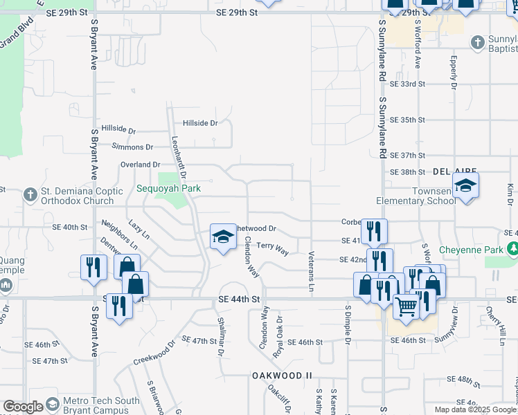 map of restaurants, bars, coffee shops, grocery stores, and more near 3709 Corbett Drive in Del City