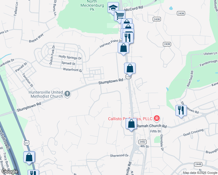 map of restaurants, bars, coffee shops, grocery stores, and more near 103 Alwood Lane in Huntersville