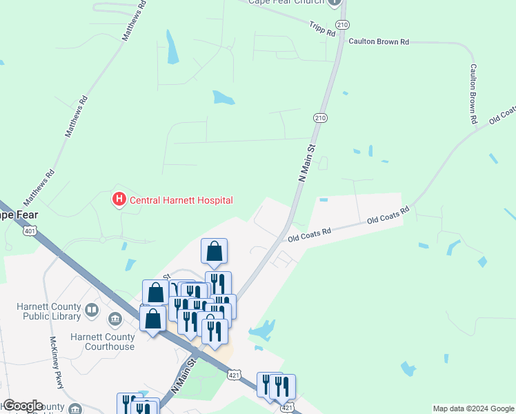 map of restaurants, bars, coffee shops, grocery stores, and more near 2077 North Main Street in Lillington