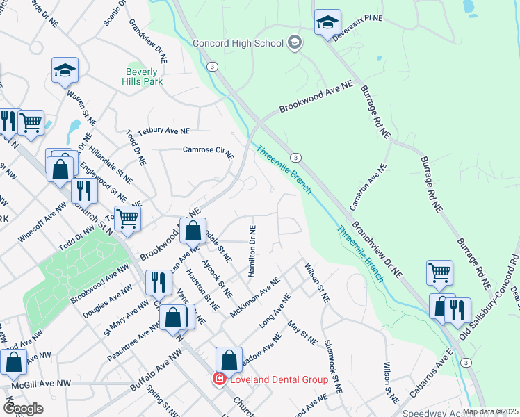 map of restaurants, bars, coffee shops, grocery stores, and more near Hamilton Drive Northeast in Concord
