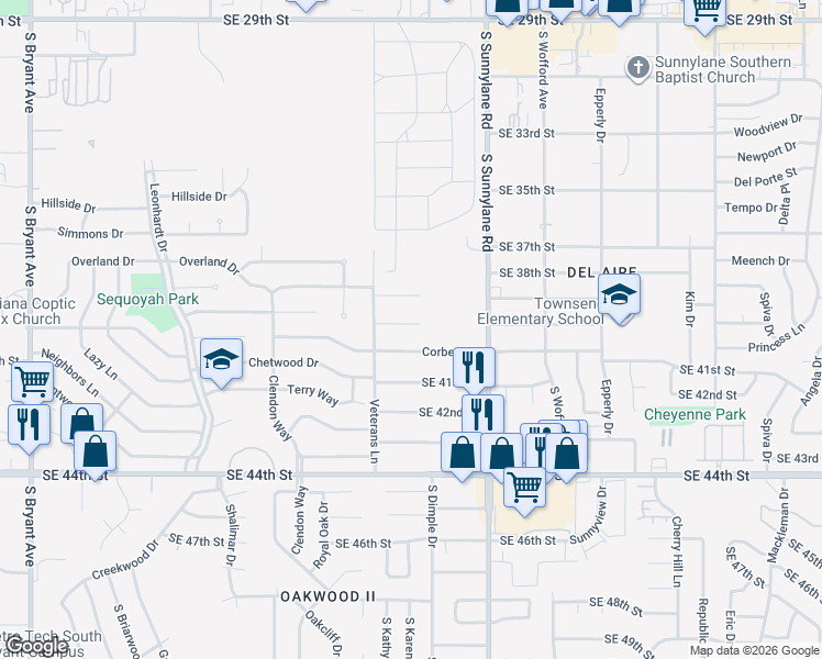 map of restaurants, bars, coffee shops, grocery stores, and more near 4124 Monica Drive in Del City