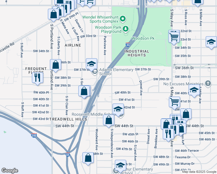 map of restaurants, bars, coffee shops, grocery stores, and more near 3308 Southwest 39th Street in Oklahoma City