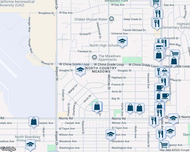 map of restaurants, bars, coffee shops, grocery stores, and more near 601 Douglas Street in Bakersfield