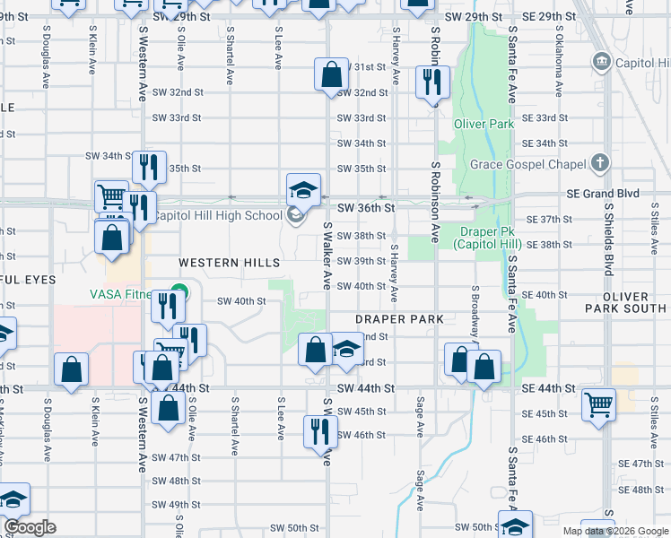 map of restaurants, bars, coffee shops, grocery stores, and more near 422 Southwest 39th Street in Oklahoma City
